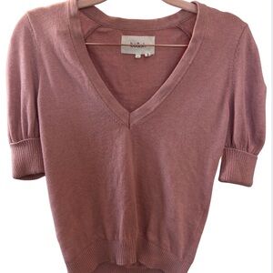ba&sh Pink V Neck Knit Sweater XS Puff Sleeve Parisian Minimalist Top